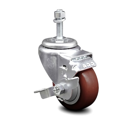 Service Caster 3 Inch Maroon Polyurethane Wheel Swivel 3/8 Inch Threaded Stem Caster with Brake SCC-TS20S314-PPUB-MRN-TLB-381615
